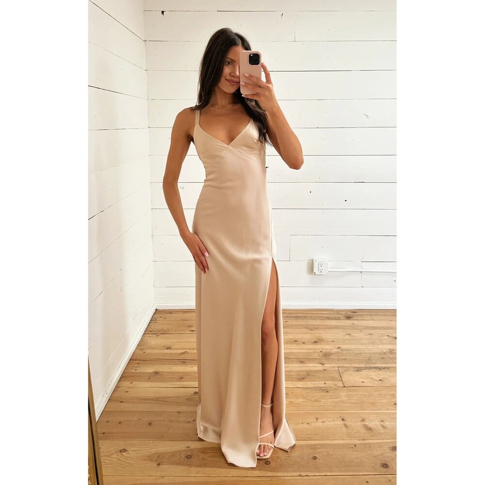 SHOW ME YOUR MUMU Gown Womens XL Champagne Satin Open Back ANDERSON MAXI $178